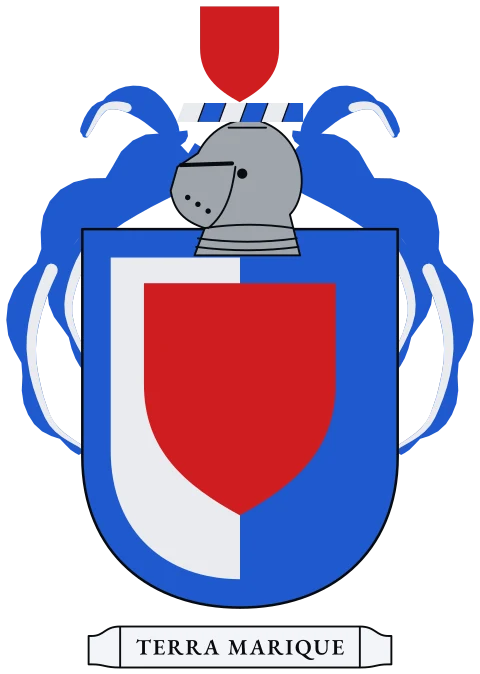 A shield split down the middle, silver and blue, with a red small shield, within a blue border. Motto: Terra marique.