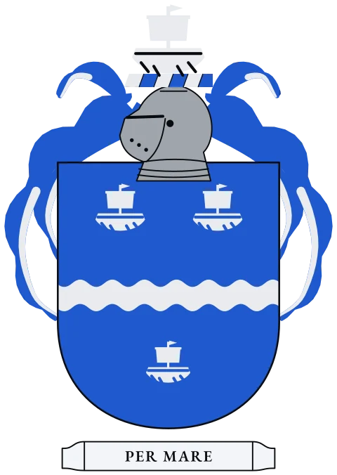A blue shield with a silver bar with wavy edges between three silver galleys. Motto: Per mare.