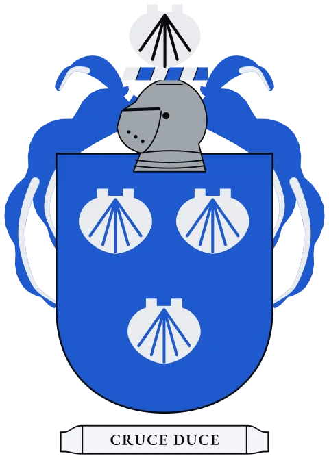 A blue shield with three silver scallop shells. Motto: Cruce duce.