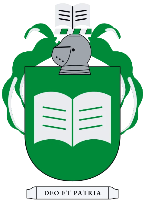 A green shield with a silver book. Motto: Deo et patria.