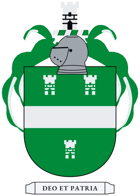 A green shield with a silver fess between three silver towers. Motto: Deo et patria.