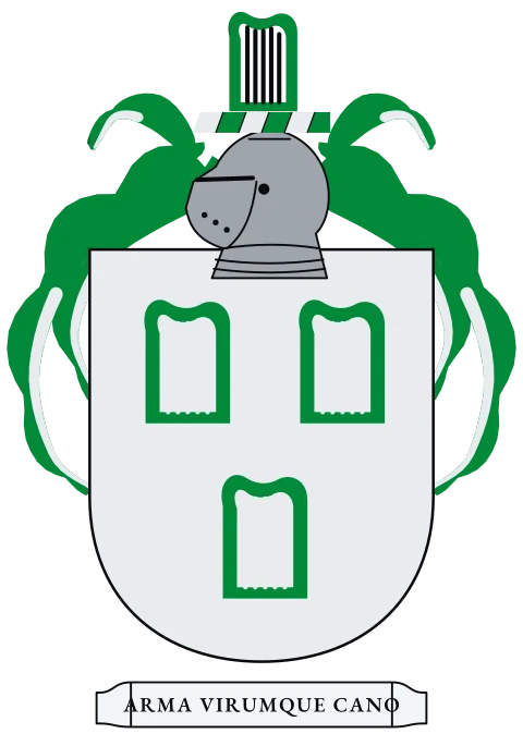 A silver shield with three green harps. Motto: Arma virumque cano.