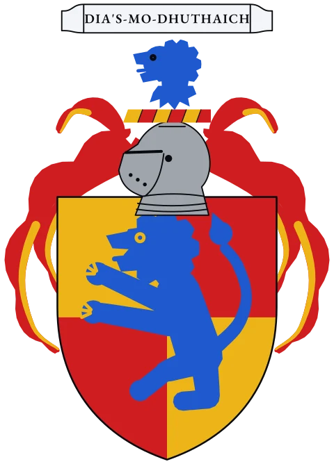 A shield quartered, gold and red, with a blue lion standing upright. Motto: Dia's-mo-Dhuthaich.