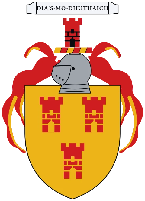 A gold shield with three red towers. Motto: Dia's-mo-Dhuthaich.