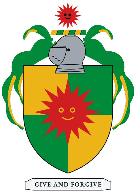 A shield quartered, gold and green, with a red blazing sun. Motto: Give and forgive.