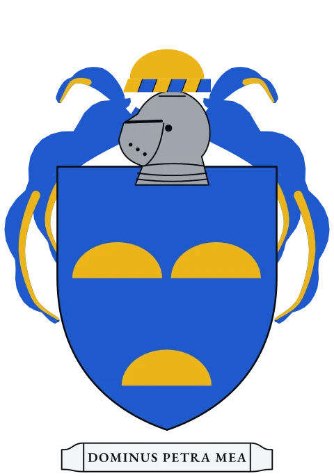 A blue shield with three gold hills. Motto: Dominus petra mea.