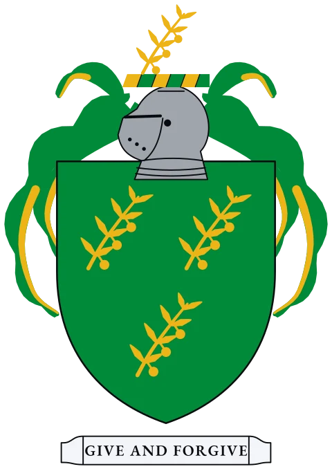 A green shield with three gold olive branches. Motto: Give and forgive.