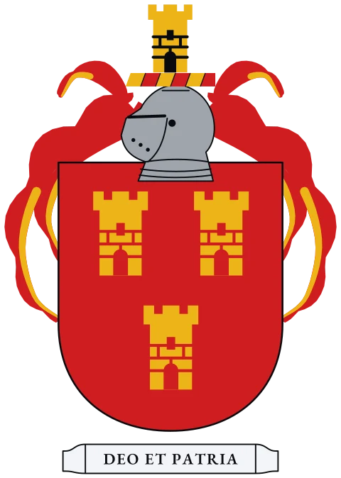 A red shield with three gold towers. Motto: Deo et patria.