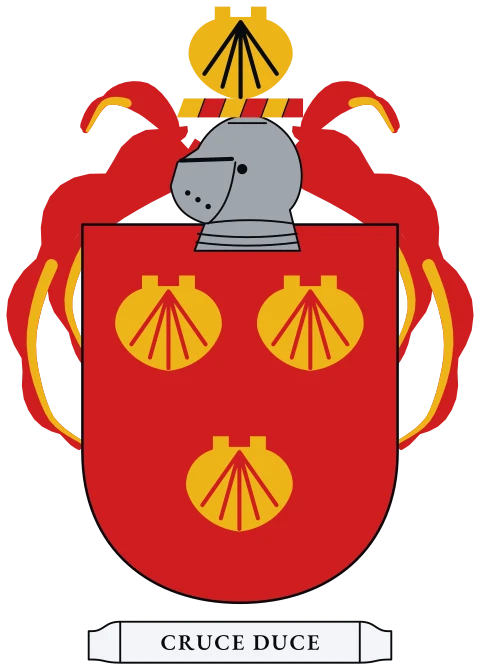 A red shield with three gold scallop shells. Motto: Cruce duce.
