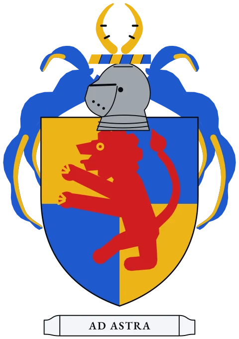 A shield quartered, gold and blue, with a red lion standing upright. Motto: Ad astra.