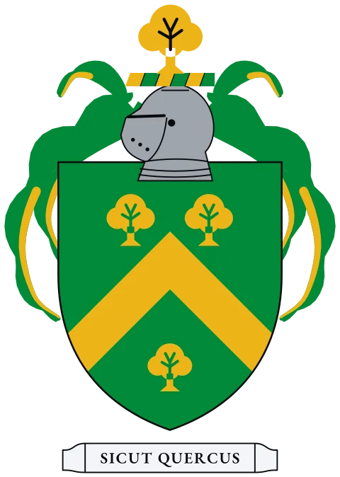 A green shield with a gold chevron between three gold trees. Motto: Sicut quercus.