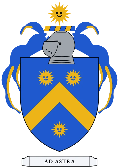 A blue shield with a gold chevron between three gold blazing suns. Motto: Ad astra.