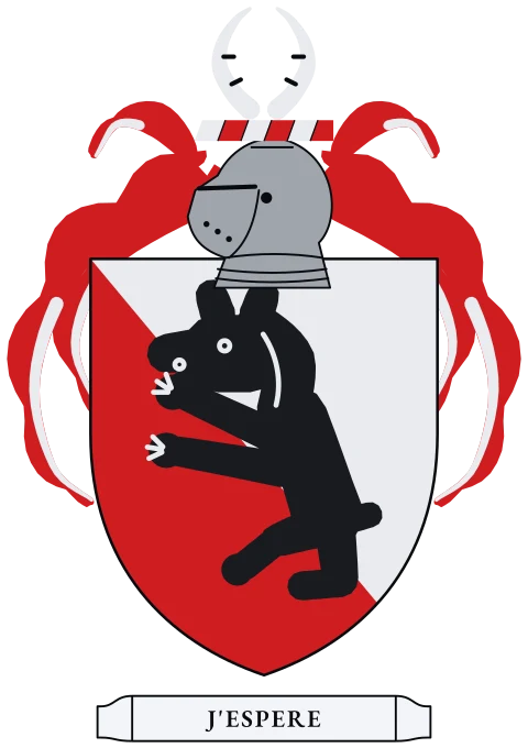 A shield split diagonally from the top left, silver and red, with a black bear standing upright. Motto: J'espere.