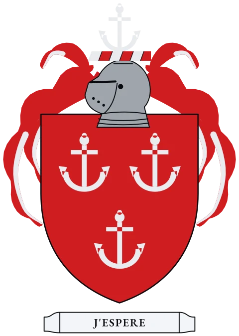A red shield with three silver anchors. Motto: J'espere.