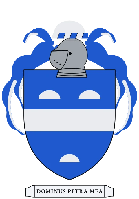 A blue shield with a silver fess between three silver hills. Motto: Dominus petra mea.