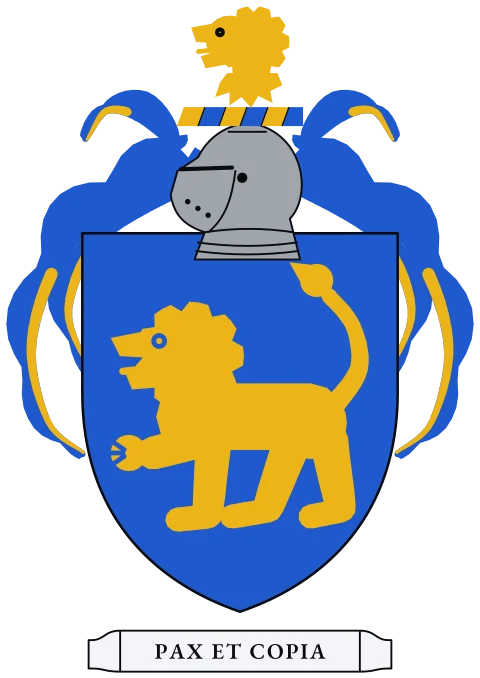 A blue shield with a gold lion walking. Motto: Pax et copia.