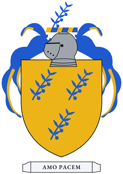 A gold shield with three blue olive branches. Motto: Amo pacem.