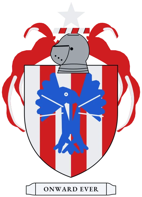 A shield in six vertical stripes of silver and red with a blue eagle with wings spread. Motto: Onward ever.