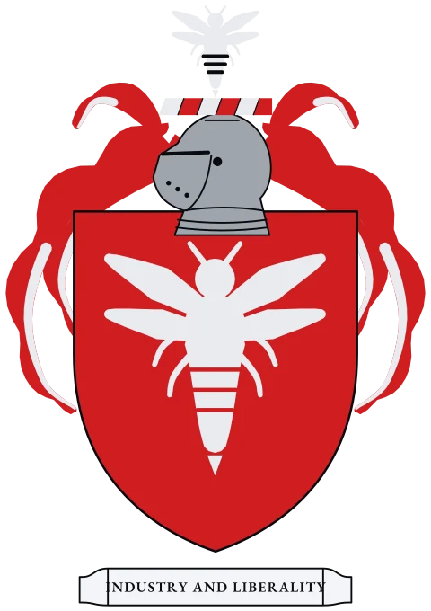 A red shield with a silver bee flying. Motto: Industry and liberality.