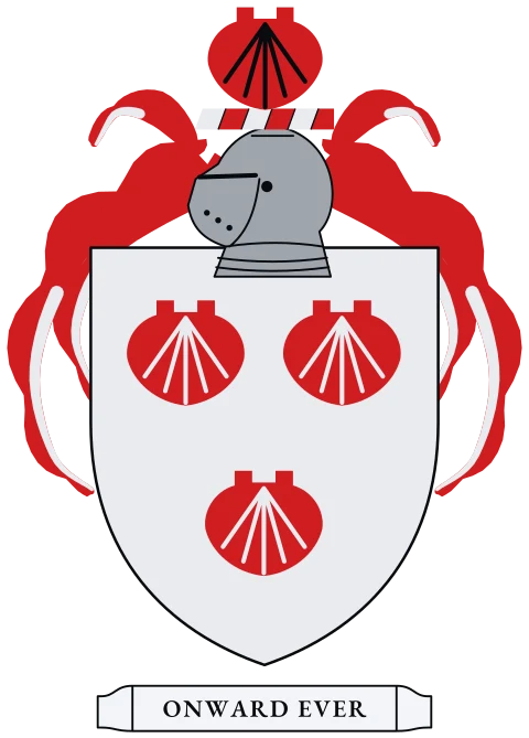 A silver shield with three red scallop shells. Motto: Onward ever.