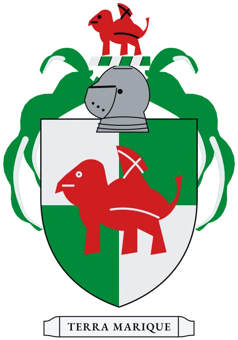 A shield quartered, silver and green, with a red dragon walking. Motto: Terra marique.