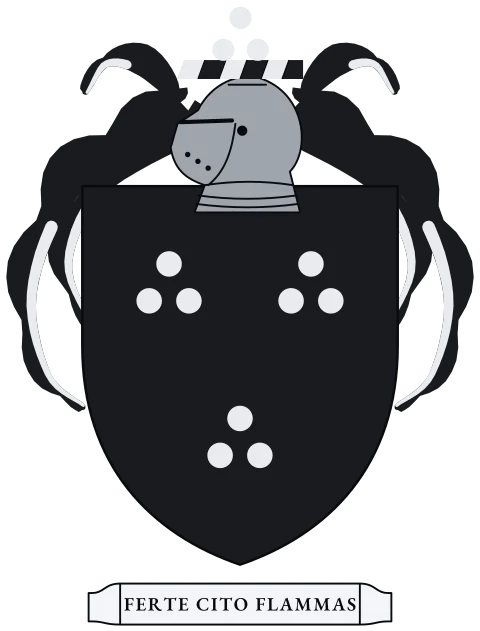 A black shield with three silver three-spark clusters. Motto: Ferte cito flammas.