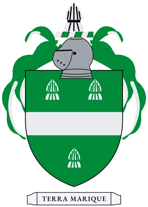 A green shield with a silver fess between three silver wheat sheaves. Motto: Terra marique.
